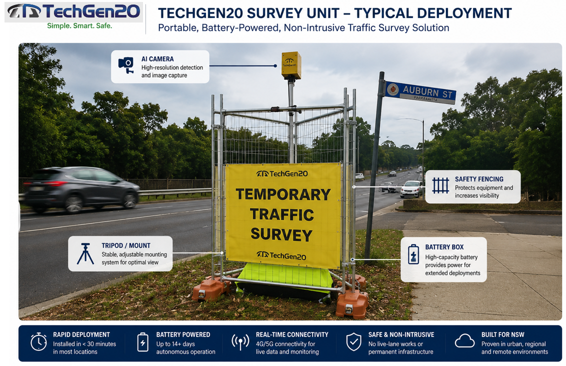 Techgen20 survey unit showing camera, mount, safety fencing and battery system
